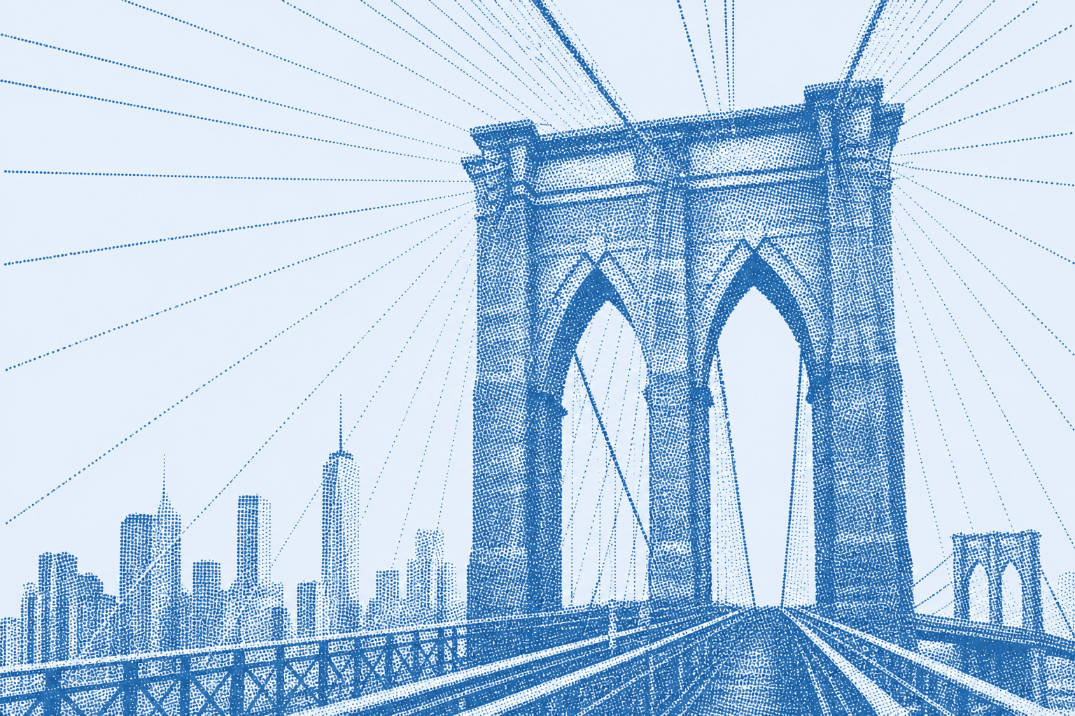 A halftone illustration of the Brooklyn Bridge.