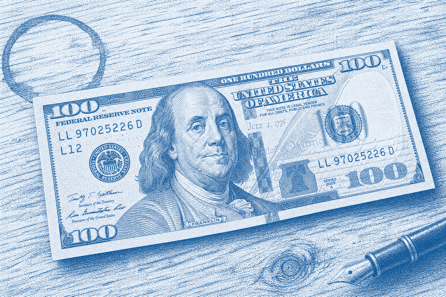 A halftone illustration of a U.S. $100 bill on a wooden desk.
