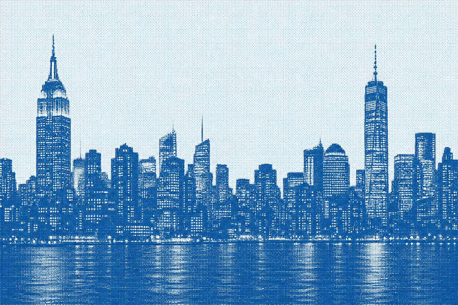 A halftone illustration of the New York City skyline at night.
